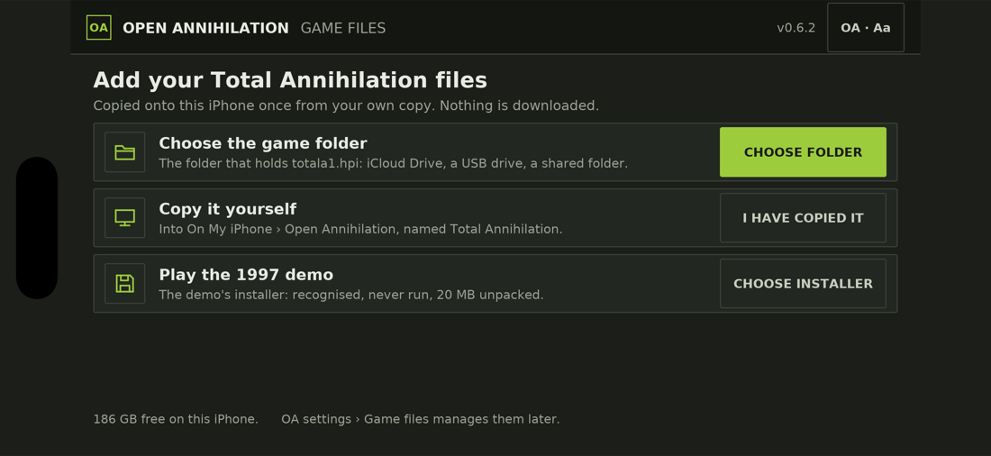 The Game files screen on an iPhone