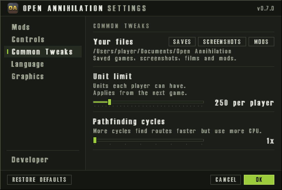 Open Annihilation settings: Common Tweaks, Your files