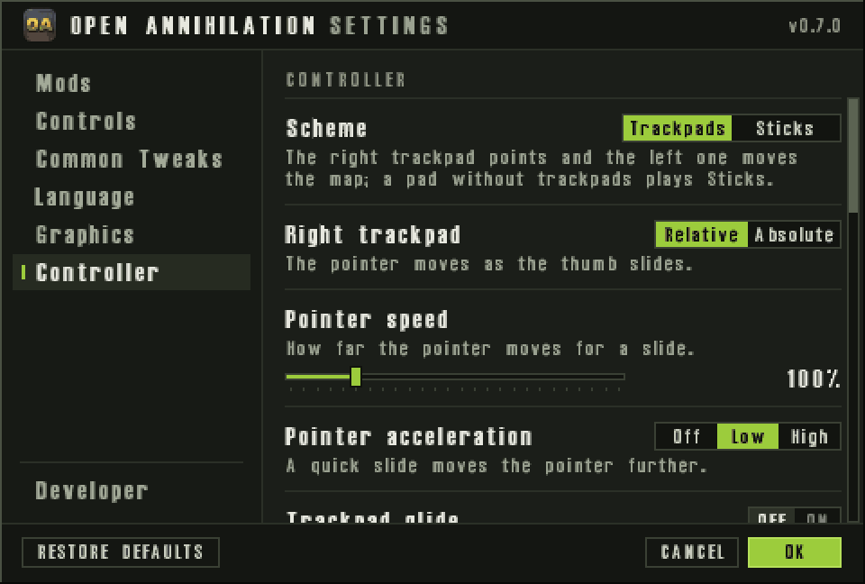 Open Annihilation settings: Controller