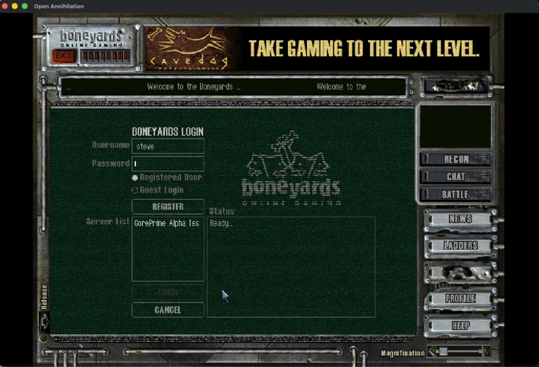Boneyards login, connecting to Core Prime